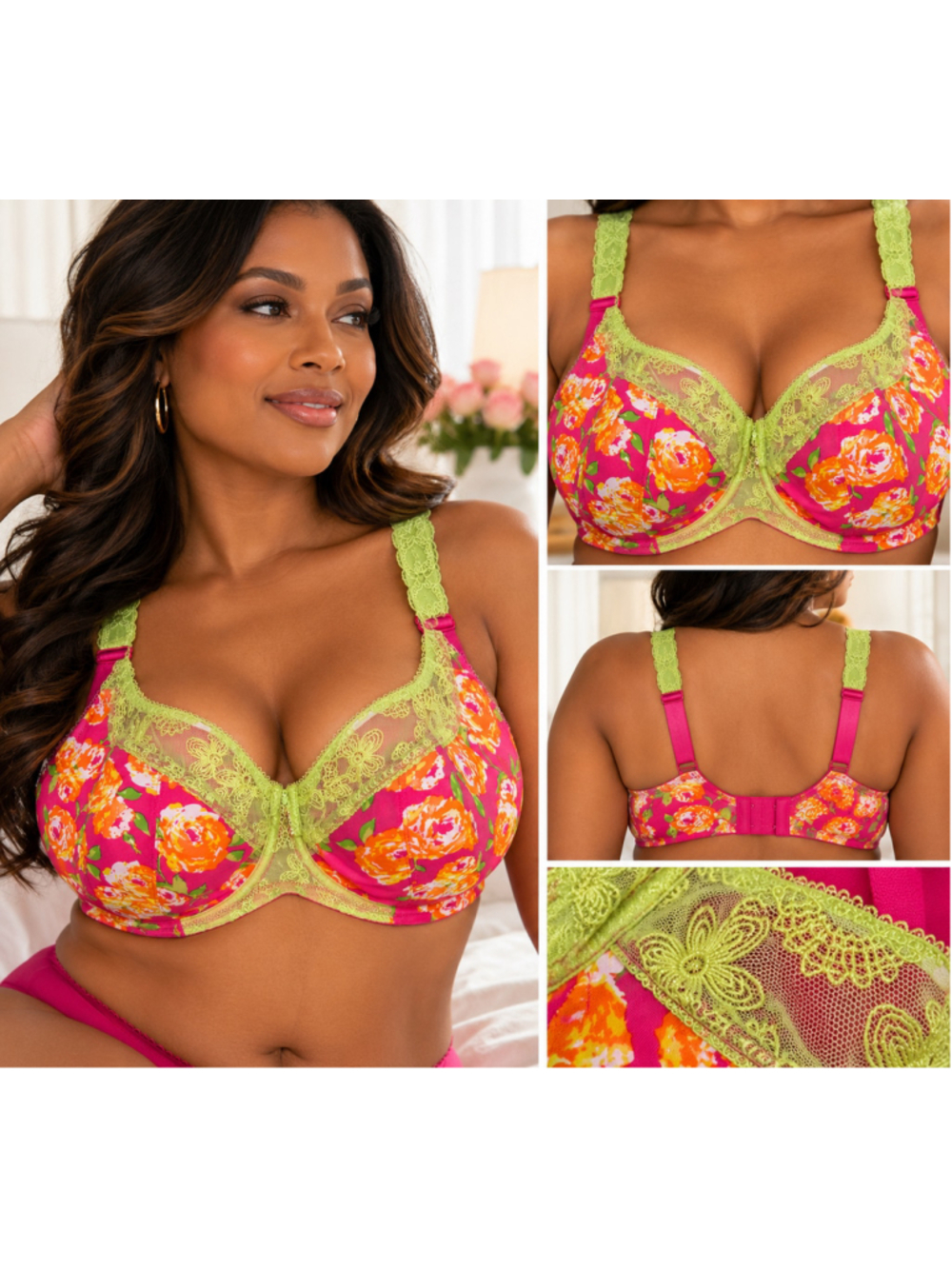 Cacique 38F French Full Coverage Floral Underwire Bra Pink Green NWT